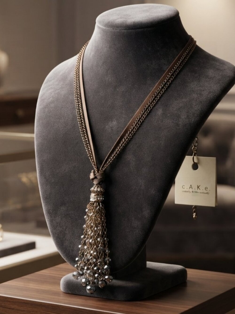 Ali Khan C.A.K.E. Bronze-Tone Crystal Tassel Long Necklace 30" Boho Chic